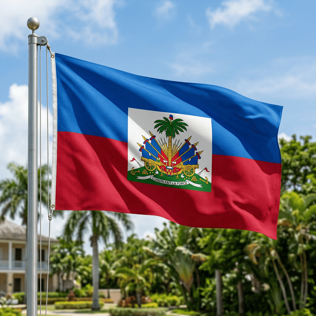 Haitian flag waving on a flagpole beneath a blue sky