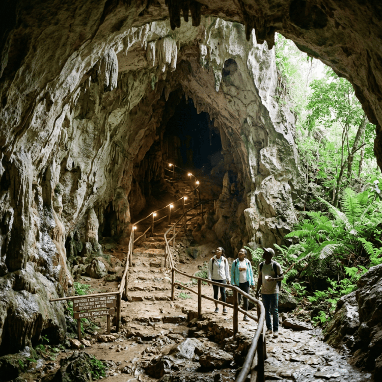 Three visitors at a cave entrance; sign reads “ENTRÉE PRINCIPALE.”